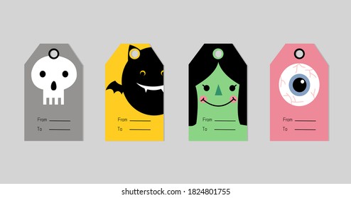 Set of 4 Halloween character gift tag. Cute and scary label template for 31 October. Printable greeting cards with skull , bat, witch and eye ball  illustration.