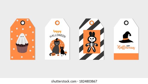 Set of 4 Halloween ghost character and calligraphy gift tag. Cute and scary label template for 31 October. Printable greeting cards illustration.