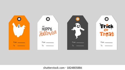 Set of 4 Halloween ghost vector and calligraphy gift tag. Cute and scary label template for 31 October. Printable greeting cards illustration.