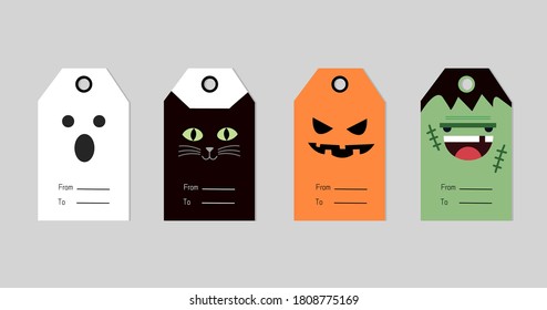 Conjunto de 4 etiquetas de regalo de Halloween. Plantilla de etiqueta corta y aterradora para el 31 de octubre. Tarjetas de saludo impresas con fantasmas, gatito brujo negro, calabaza e ilustración zombie.