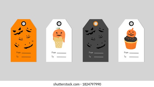 Set von 4 Halloween Kürbischarakter Geschenk-Tag. Cute und beängstigende Etikettenvorlage für den 31. Oktober. Druckbare Grußkarten Kürbisgrafik.