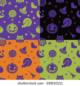 Set of 4 halloween seamless patterns decorated with carving pumpkin and owl, bat and cobweb, and other symbols of horror