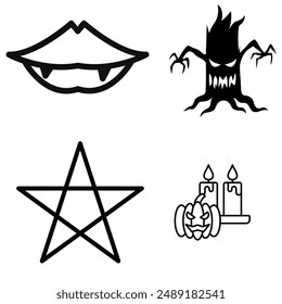 Set of 4 Halloween vector icons featuring vampire lips, a spooky tree, a pentagram, and candles with a pumpkin. Perfect for Halloween decorations and projects