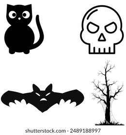 Set of 4 Halloween vector icons featuring a black cat, skull, bat, and spooky tree. Perfect for Halloween-themed designs, decorations, invitations, and festive projects.