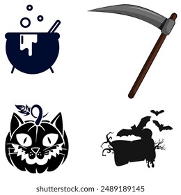 Set of 4 Halloween vector icons featuring a cauldron, scythe, pumpkin cat, and bats with a tombstone. Ideal for Halloween-themed designs, decorations, and projects