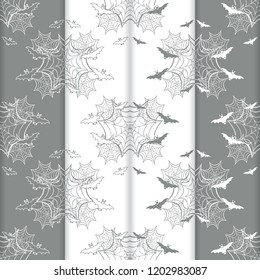Set of 4 halloween vector seamless pattern with web and bat. Design for party card, wrapping, fabric, print.
