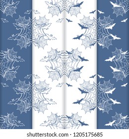 Set of 4 halloween vector seamless pattern with web and bat. Design for party card, wrapping, fabric, print.