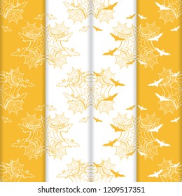 Set of 4 halloween vector seamless pattern with web and bat. Design for party card, wrapping, fabric, print.