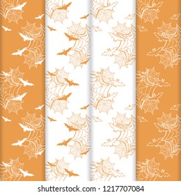Set of 4 halloween vector seamless pattern with web and bat. Design for party card, wrapping, fabric, print.