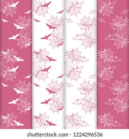 Set of 4 halloween vector seamless pattern with web and bat. Design for party card, wrapping, fabric, print.