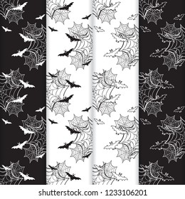 Set of 4 halloween vector seamless pattern with web and bat. Design for party card, wrapping, fabric, print.
