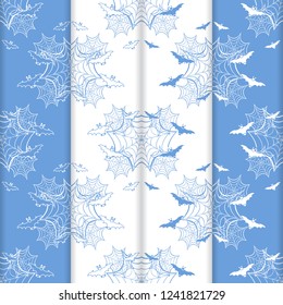 Set of 4 halloween vector seamless pattern with web and bat. Design for party card, wrapping, fabric, print.