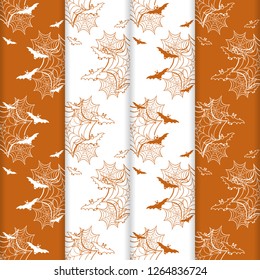 Set of 4 halloween vector seamless pattern with web and bat. Design for party card, wrapping, fabric, print.