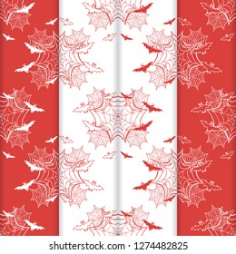 Set of 4 halloween vector seamless pattern with web and bat. Design for party card, wrapping, fabric, print.