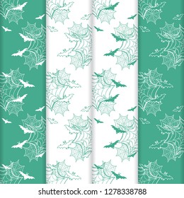 Set of 4 halloween vector seamless pattern with web and bat. Design for party card, wrapping, fabric, print.