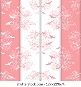 Set of 4 halloween vector seamless pattern with web and bat. Design for party card, wrapping, fabric, print.
