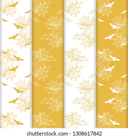 Set of 4 halloween vector seamless pattern with web and bat. Design for party card, wrapping, fabric, print.