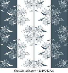 Set of 4 halloween vector seamless pattern with web and bat. Design for party card, wrapping, fabric, print.