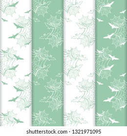 Set of 4 halloween vector seamless pattern with web and bat. Design for party card, wrapping, fabric, print.