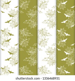 Set of 4 halloween vector seamless pattern with web and bat. Design for party card, wrapping, fabric, print.