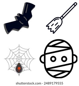 Set of 4 Halloween-themed vector icons including a bat, broom, spider on a web, and a mummy face. Perfect for Halloween decorations, invitations, and seasonal projects.