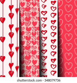 Set of 4 hand draw seamless patterns. Seamless texture for wallpaper, print, fashion, textile design, fabric, home decor, shop website, label. Hearts  doodle. Vector illustration.