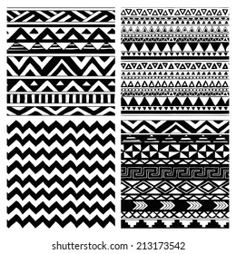 Set Of 4 Hand Drawn Aztec Tribal Seamless Black And White Background Patterns. With Pattern Swatches