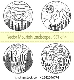 Set of 4 hand drawn black and white illustrations.Mountain landscapes with river,clouds and trees.You can use it for winter camping logo,sign,sticker,travel labels,climbing,hiking badges,mug prints...