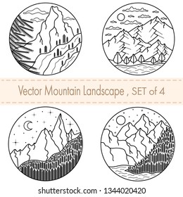 Set of 4 hand drawn black and white illustrations.Mountain landscapes with tress,clouds,river,moon.You can use it for winter camping logo,sign,sticker,travel labels,climbing,hiking badges,mug prints..