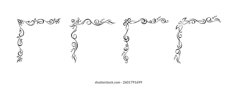 Set of 4 hand drawn calligraphic corner elements. Editable retro designs, frame constructor