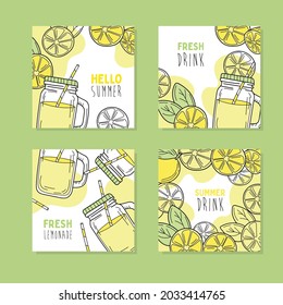 Set of 4 hand drawn cards. Yellow lemons and lemonade in glass jar. Fresh summer drink. Detox and healthy life.