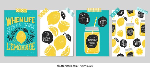 Set of 4 hand drawn cards. Retro "When life gives you lemons make lemonade" motivation poster with modern calligraphy and lemon, cards with lemons,  lemonade speech bubble and handwritten lettering