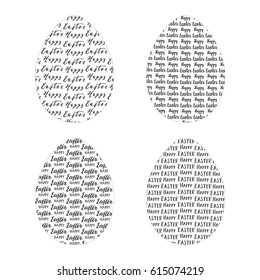 Set of 4 hand drawn eggs with Easter greeting card, vintage lettering, design vector illustration 