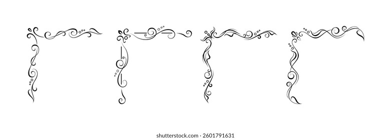 Set of 4 hand drawn elegant corner elements. Editable retro designs for making decorative frames