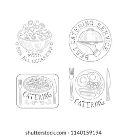 Set of 4 hand drawn emblems for catering services. Monochrome vector logos with salad bowl, hand with tray, pizza and English breakfast