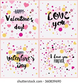 set of 4 hand drawn Greeting cards for Valentine's day. 
