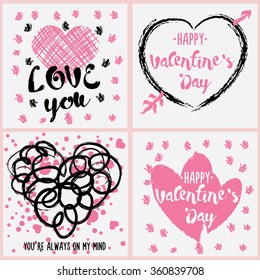 set of 4 hand drawn Greeting cards for Valentine's day. 