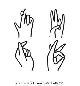 Set of 4 hand drawn hands. Doodling hands. Sketch of a human being. Shapes and positions of hands.