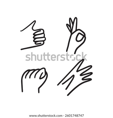 Set of 4 hand drawn hands. Doodling hands. Sketch of a human being. Shapes and positions of hands.