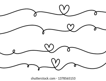 Set of 4 hand drawn heart with line. Heartbeat drawing. 