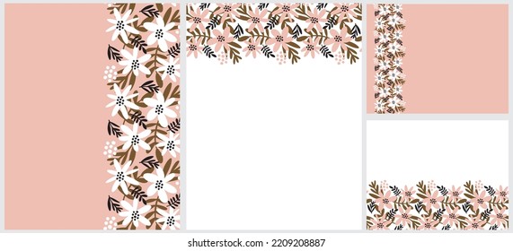 Set of 4 Hand Drawn Infantile Style Floral Layouts with Tiny Flowers on a White and Pastel Pink Background. No text. Blossom Background with Border made of Abstract Flowers ideal for Card, Invitation.
