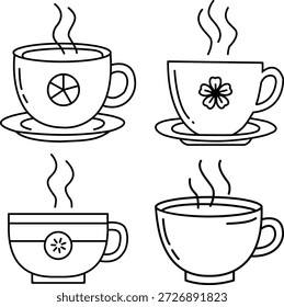 Set of 4 Hand Drawn Line Art Coffee and Tea Cups - Minimalist Vector Icons of Hot Beverages with Steam