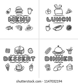 Set of 4 hand drawn menu for cafe. Sketch concept illustration. Linear graphic.