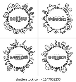 Set of 4 hand drawn menu for cafe with food. Sketch concept illustration. Linear graphic.