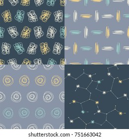 Set of 4 hand drawn patterns. Collection of 4 vector handmade seamless patterns with a organic and bohemian feel to them.