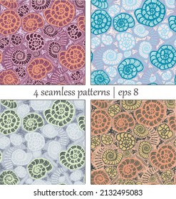 set of 4 hand drawn seamless patterns colorful seashells and seaweed