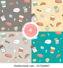 Set of 4 hand drawn seamless pattern of tasty food