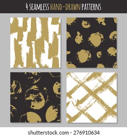 Set of 4 hand drawn seamless trendy patterns with ink brush strokes.. Isolated on white and black backgrounds. Vector patterns for your design