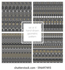 Set of 4 hand drawn seamless geometric patterns. White, black, gray and gold color.