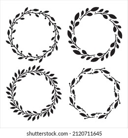 Satz von 4 handgezeichneten Frühlingskränzen einzeln auf weißem Hintergrund, Vektorgrafik. Silhouette Rahmen von Blättern. Doodle style.Collection von Blumenrahmen.